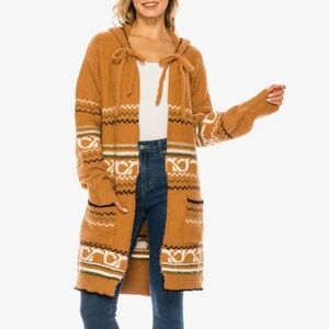 Women's Hooded Beige Patterned Sweater Cardigan